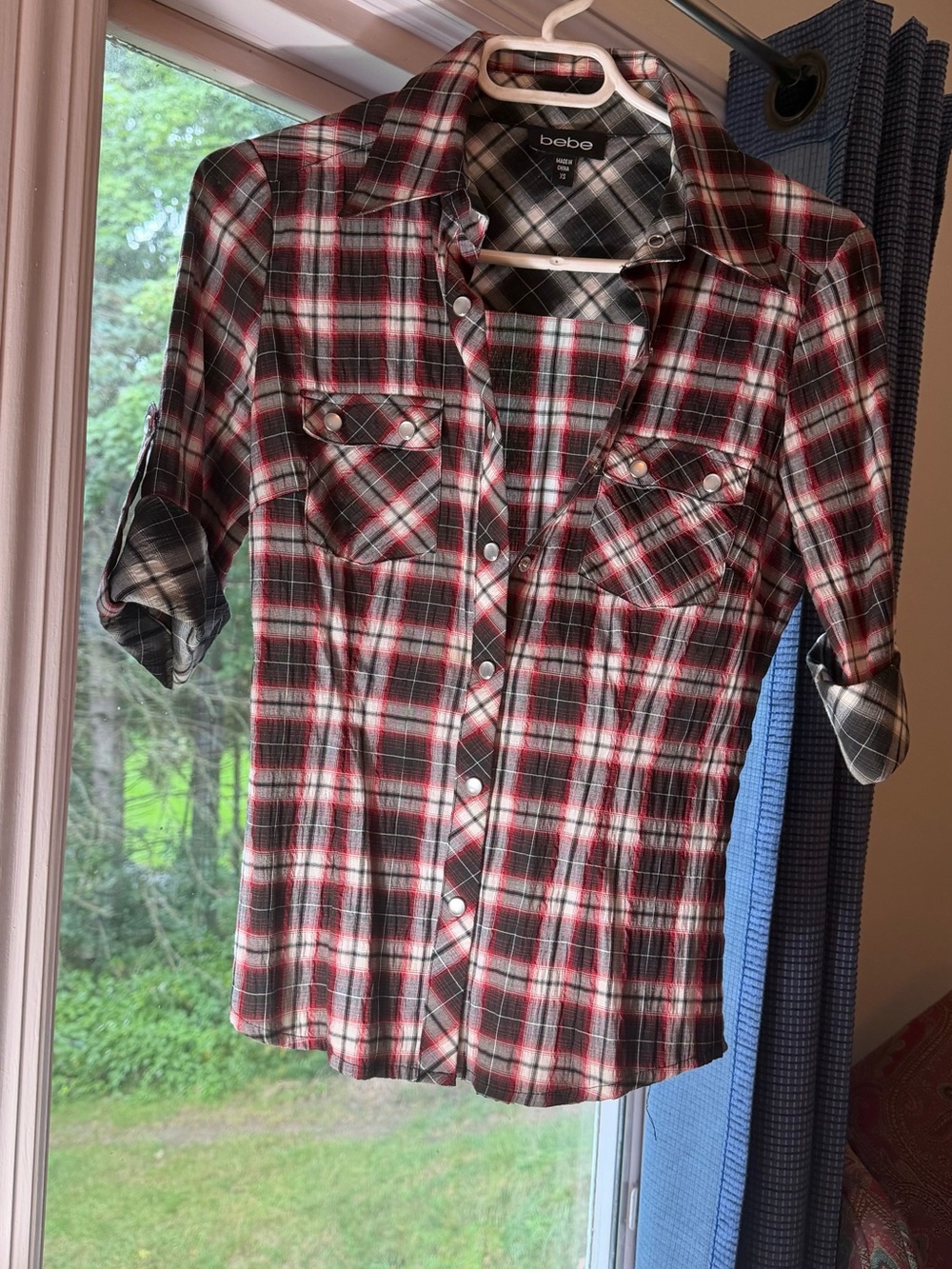 bebe Red & Black Plaid Snap-Front Button Down Shirt Sexy Casual